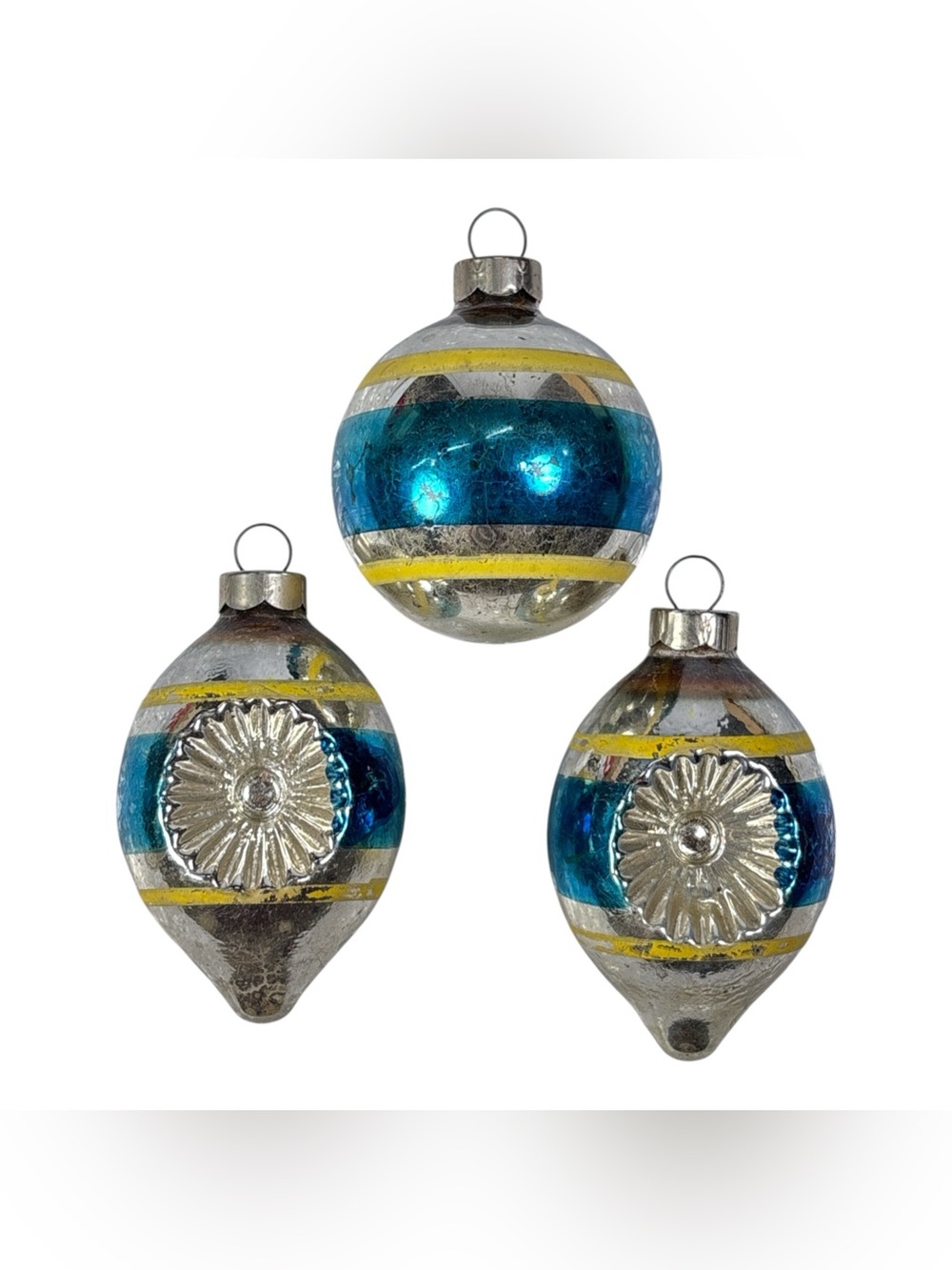 3 Vtg Shiny Brite Mercury Glass Double Indent Teardrop Ornaments Ball Striped
